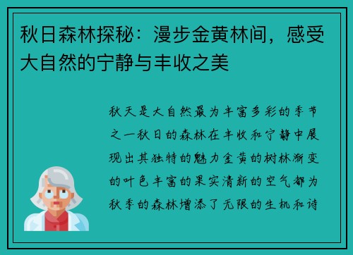 秋日森林探秘：漫步金黄林间，感受大自然的宁静与丰收之美