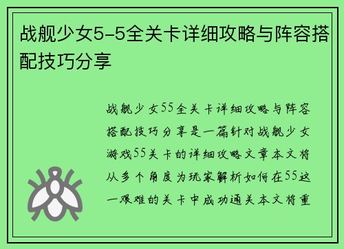 战舰少女5-5全关卡详细攻略与阵容搭配技巧分享